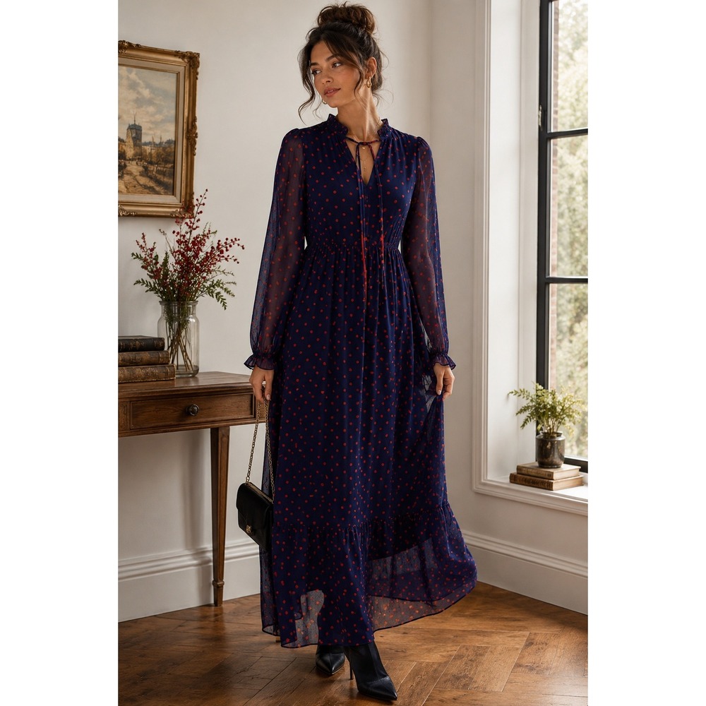 NWT Q2 Collection navy polka dot maxi dress tie neck romantic cottagecore dress